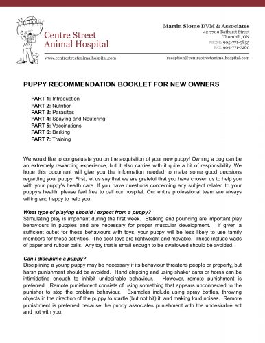 Centre Street Animal Hospital's puppy information booklet